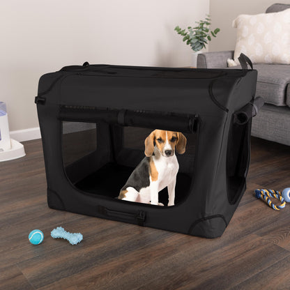 Soft Dog Crate - 32x23.25x23 Collapsible Dog Crate for Medium Pets - Portable Travel Pet Crate with 3 Doors, Mesh Windows, and Removable Divider - Travel Accessories by PETMAKER (Black)
