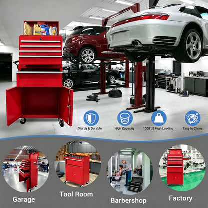 Heavy Duty 5 Drawer Tool Chest, Rolling Tool Box Cabinet on Wheels, 2-in-1 Detachable Metal Tool Storage Organizer for Garage and Workshop, Locking Steel Tool Cart with Portable Top Tool Box, Red