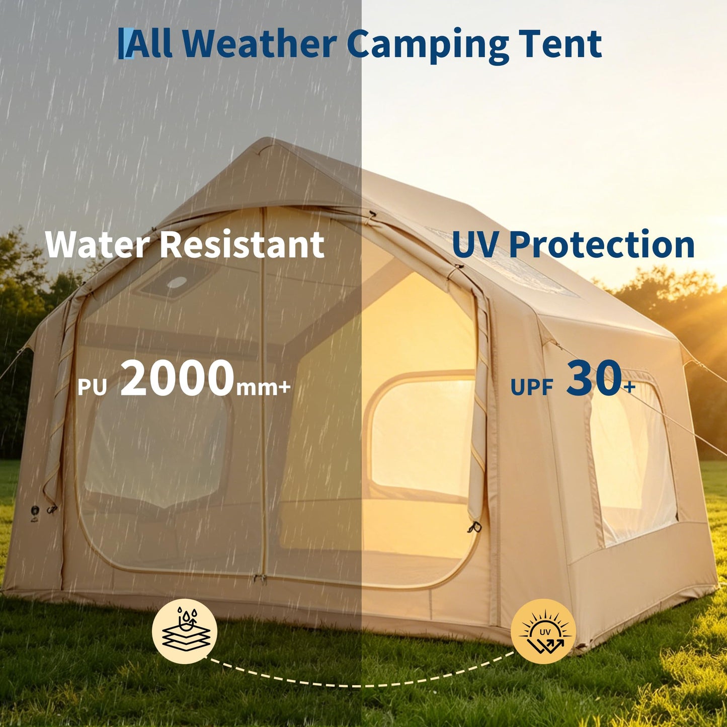 Inflatable Camping Tent for 3-5 Person, Quick Setup Blow Up Tent with Hand Pump, 210D Oxford Air Glamping Tents with Skylight & Stove Jack, 4 Season for Outdoor Camping, Beach, Hiking