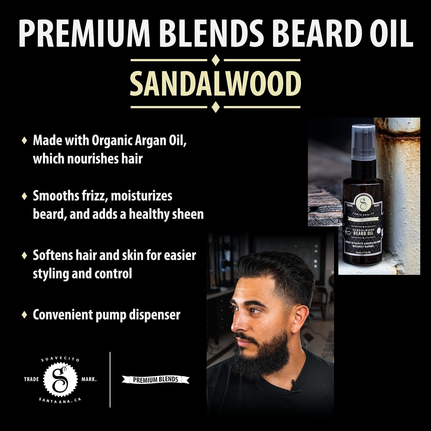 Suavecito Premium Blends Beard Oil - Leave-In Beard Conditioner For Softening Hair, Hydrating Skin, Eliminating Beard Dandruff, Healthy Beard Growth - 1 oz
