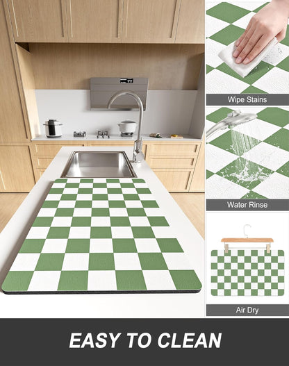 Rnivvi Dish Drying Mat - Absorbent Non-Slip Draining Pad for Kitchen Counter | 12 x 19 Inches, Green & White Checkered