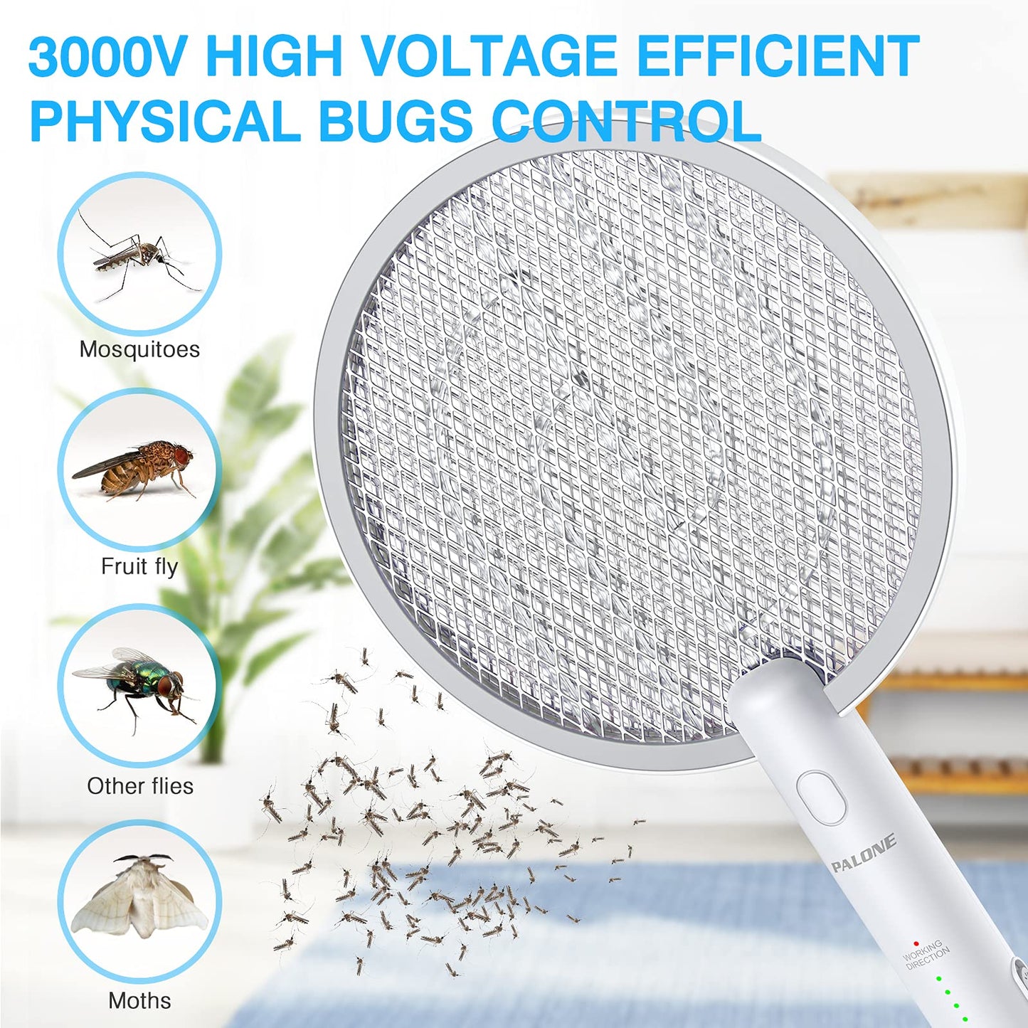 PALONE Electric Fly Swatter 3000V Bug Zapper Racket 2 in 1 Fly Swatter with 1200mAh Battery Rechargeable Mosquito Killer Lamp with 3 Layers Safety Mesh for Indoor and Outdoor (2 Pack)