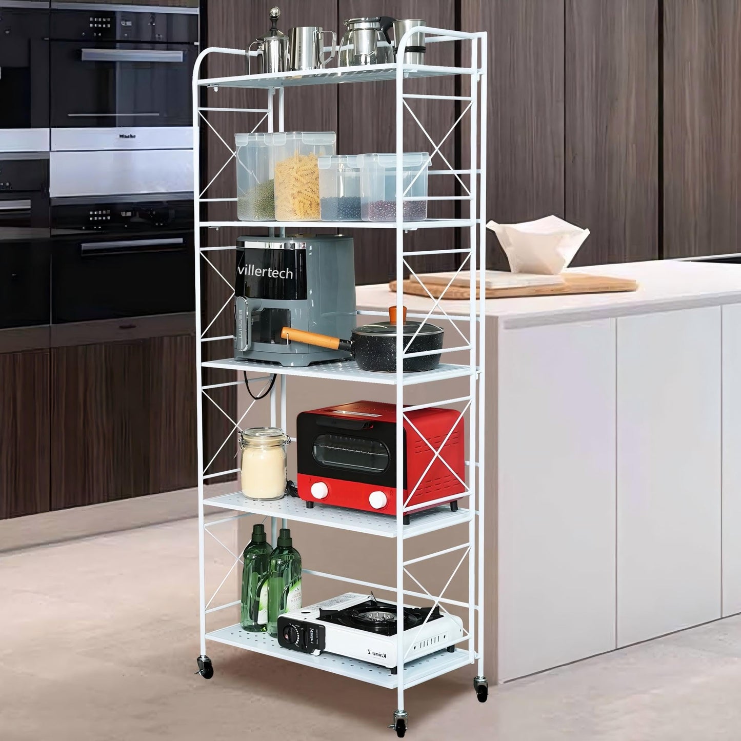villertech Foldable 5-Tier Metal Shelf with Wheels - Folding Bookshelf Unit for Living Room, Kitchen, Study 12.6" D x 23.6" W x 57.0" H, Glossy White