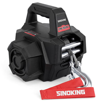 SINOKING 1500 LB Portable Winch, Drill Winch with Universal Drill Fitment, 40 ft Synthetic Rope, Free-Spool Clutch, 360° Swivel Hook for ATV, Farm, Rescue and Trailer Use
