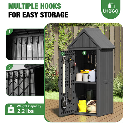 LHBGO Outdoor Storage Shed with Door & Shelf, Large Capacity Weatherproof Garden Tool Cabinet with Multiple Hooks for Backyard, Patio, Lawn（Black