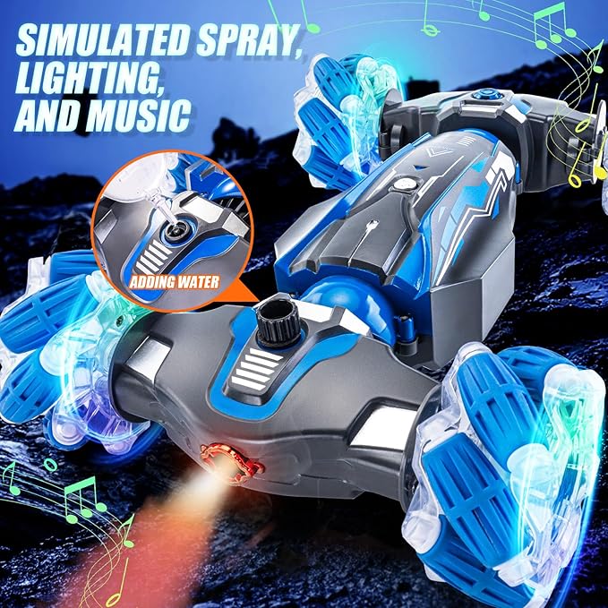 4WD Stunt Car 2.4 GHz Gesture Sensor RC Cars Double-Sided Vehicle 360° Flip RC Twist Buggy with Music Spray - Best Christmas and Birthday Present for Boys and Girls Aged 6-12 (Blue)