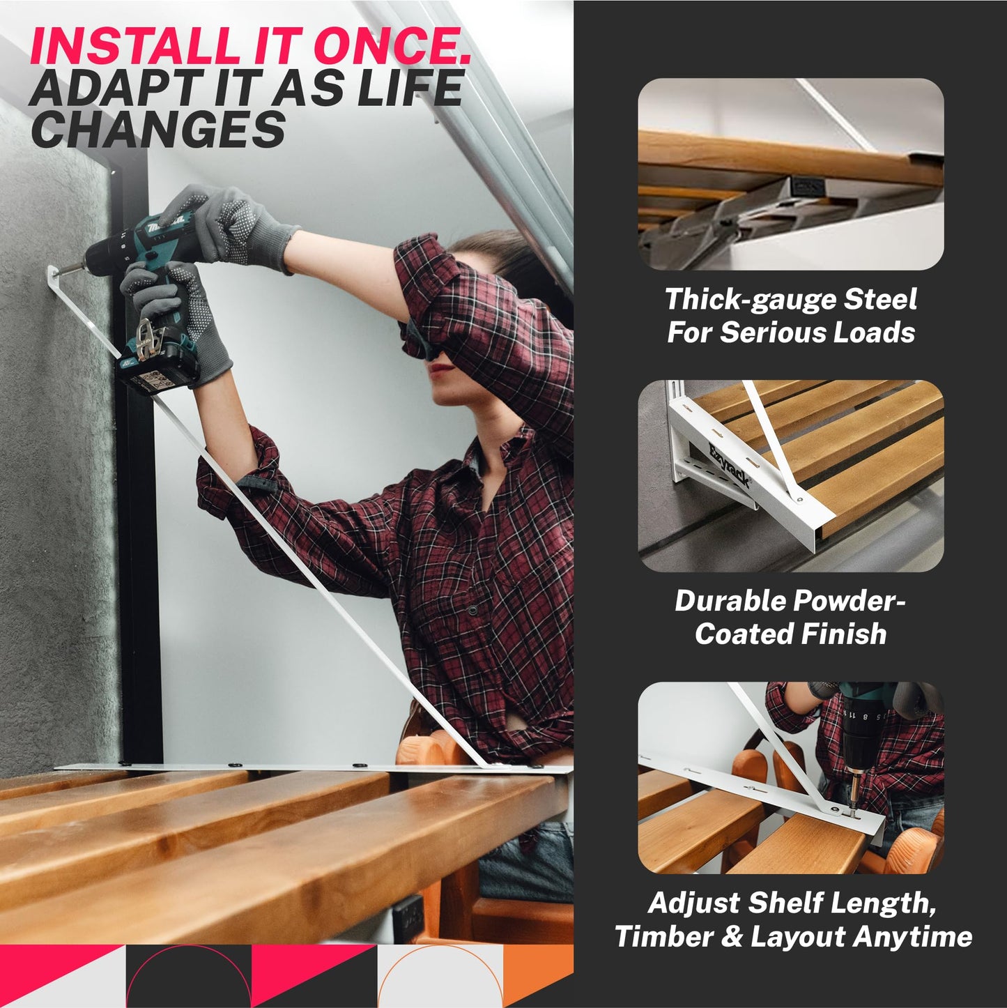 EZYRACK Flexi Shelf Pro Garage Wall Shelving - Heavy Duty Wall Mounted Storage System - Modular Metal Shelf Bracket for Workshop