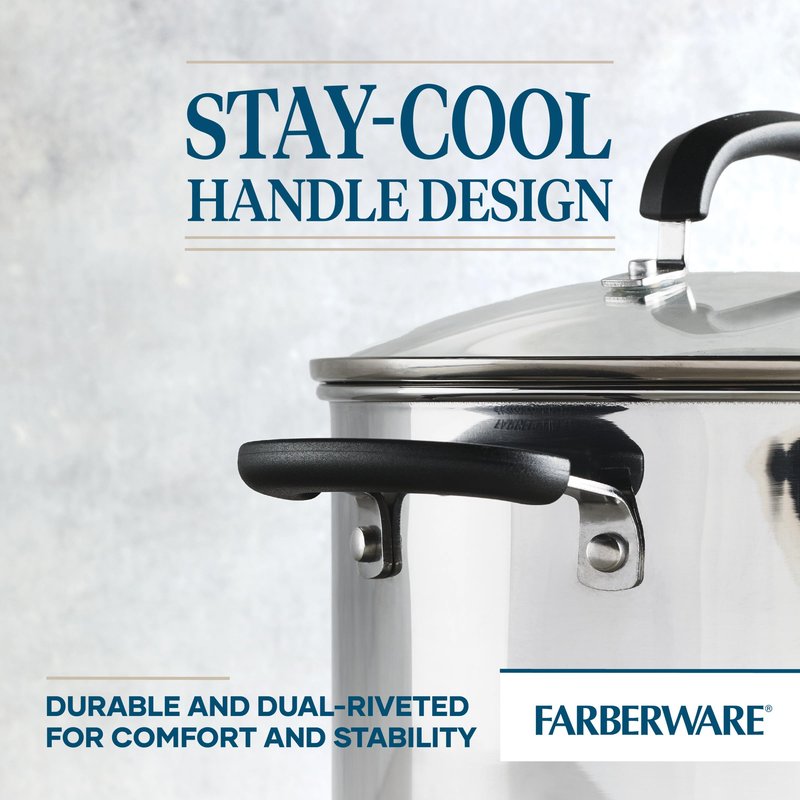 Farberware Brilliance Stainless Steel Stockpot with Glass Lid, 8 Quart, Dishwasher Safe and Induction Ready, Compatible with All Cooktops, Stainless Steel