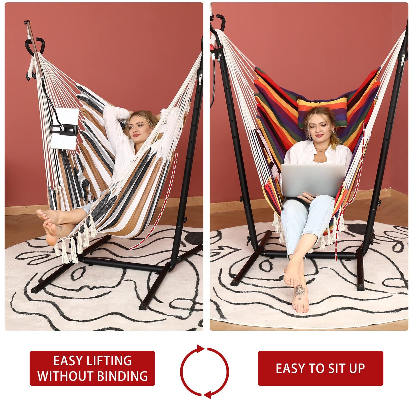 ZEYU Hammock Chair with Stand Double Hammock Chair Bohemian Style with Tassel Mobile Phone Support Manual Adjustable Swing Indoor and Outdoor Garden Porch with Floor mat Reclining Capacity 400 pounds