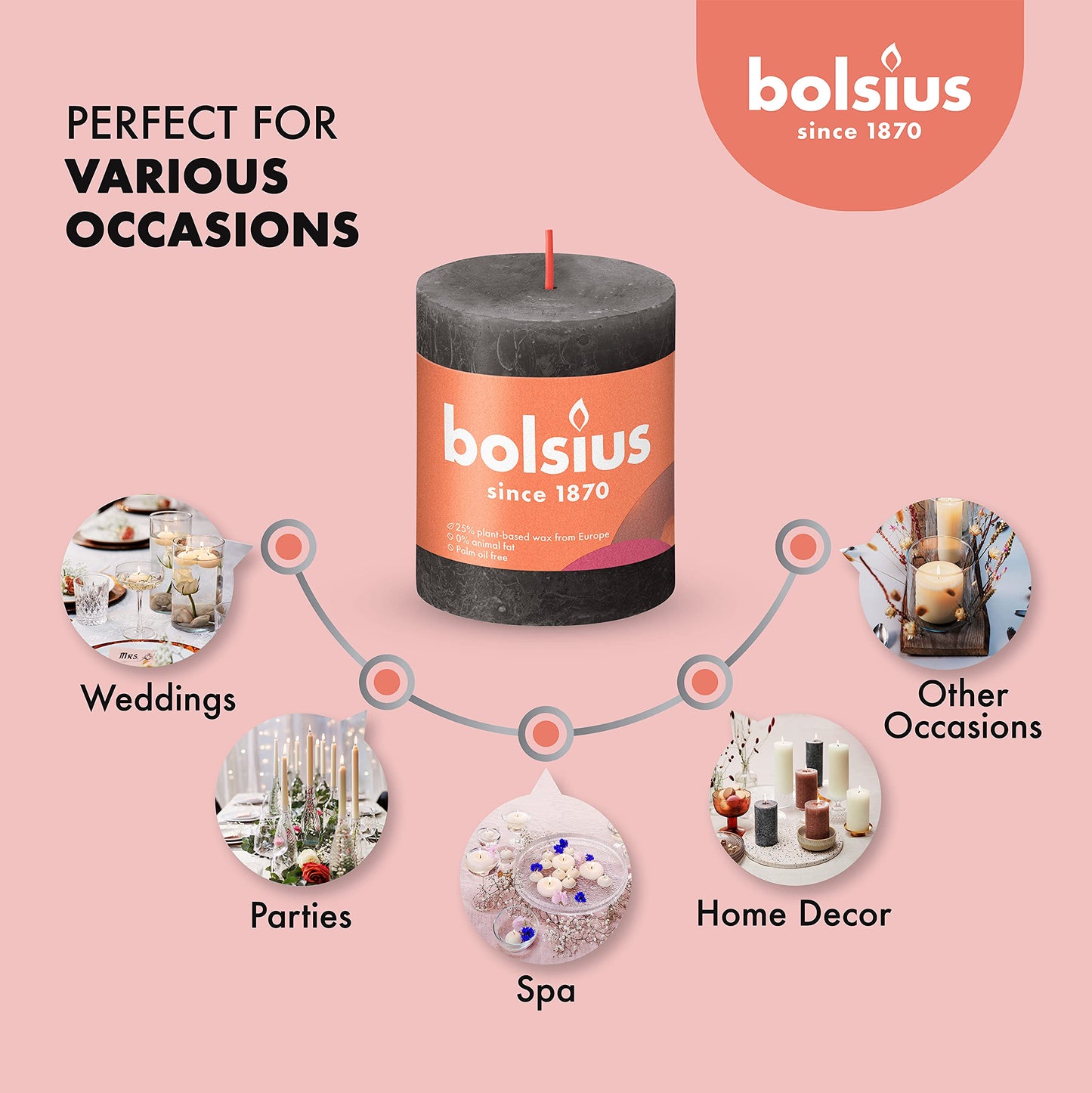 BOLSIUS 4 Pack Black (Stormy Gray) Rustic Pillar Candles - 2.75 X 3.25 Inches - Premium European Quality - Includes Natural Plant-Based Wax - Unscented Dripless Smokeless 35 Hour Spa Décor Candles