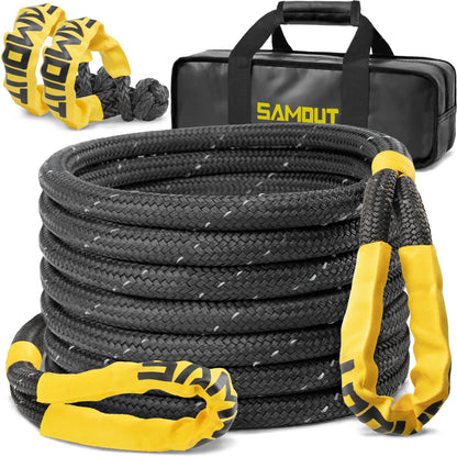 SAMOUT Kinetic Reflective Recovery Rope (48000Lbs 1in x 30ft), Extreme Duty 30% Elasticity Energy Snatch Strap for 4x4 Offroad Vehicle (1in * 30ft Recovery Rope with Soft Shackle)