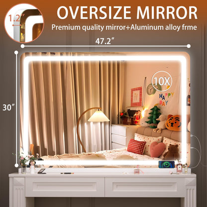 Hasipu Vanity Mirror with Lights, 47.2" x 30" LED Makeup Mirror, Lighted Makeup Mirror with Dimmable 3 Modes, Touch Screen Control Vanity Mirror Round White