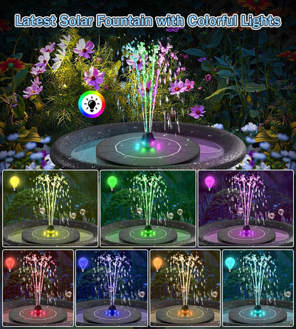 SZMP Solar Water Fountain - 2026 Upgrade 3.5W Bird Bath Pump with Color LED Lights & 7 Nozzles | Perfect for Garden, Patio, Pond, Pool