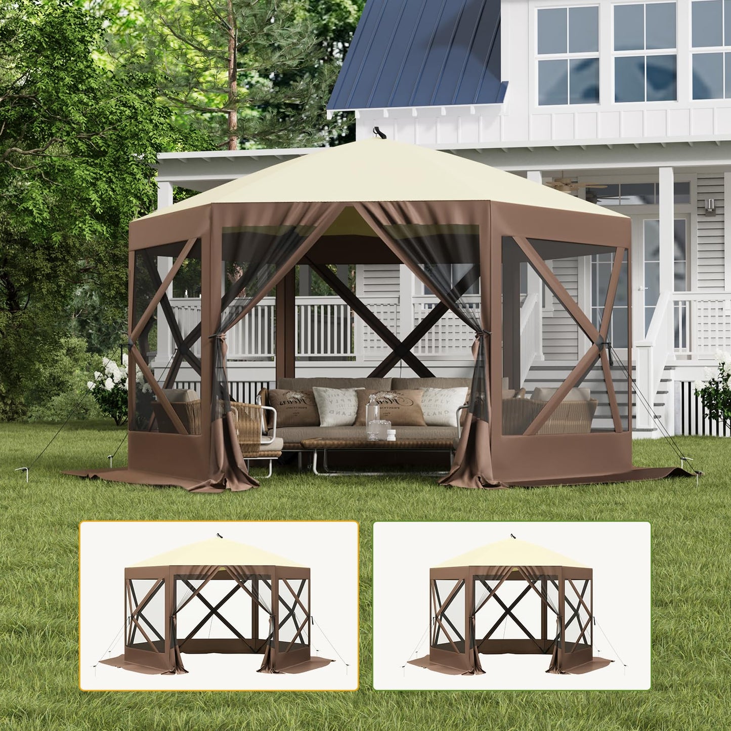 Hipicute Pop Up Gazebo,10 X 10 Ft Portable Outdoor Camping Pop Up Canopy Screen Tent with Mosquito Netting Gazebo,Waterproof 6 Sidewalls,Ground Stakes,Carry Bag for Lawn, Garden, Backyard(Brown)