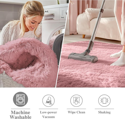 OLANLY Round Area Rug - Soft & Fluffy Pale Pink Shaggy Carpet | 5 ft Circle for Bedroom & Nursery Decor