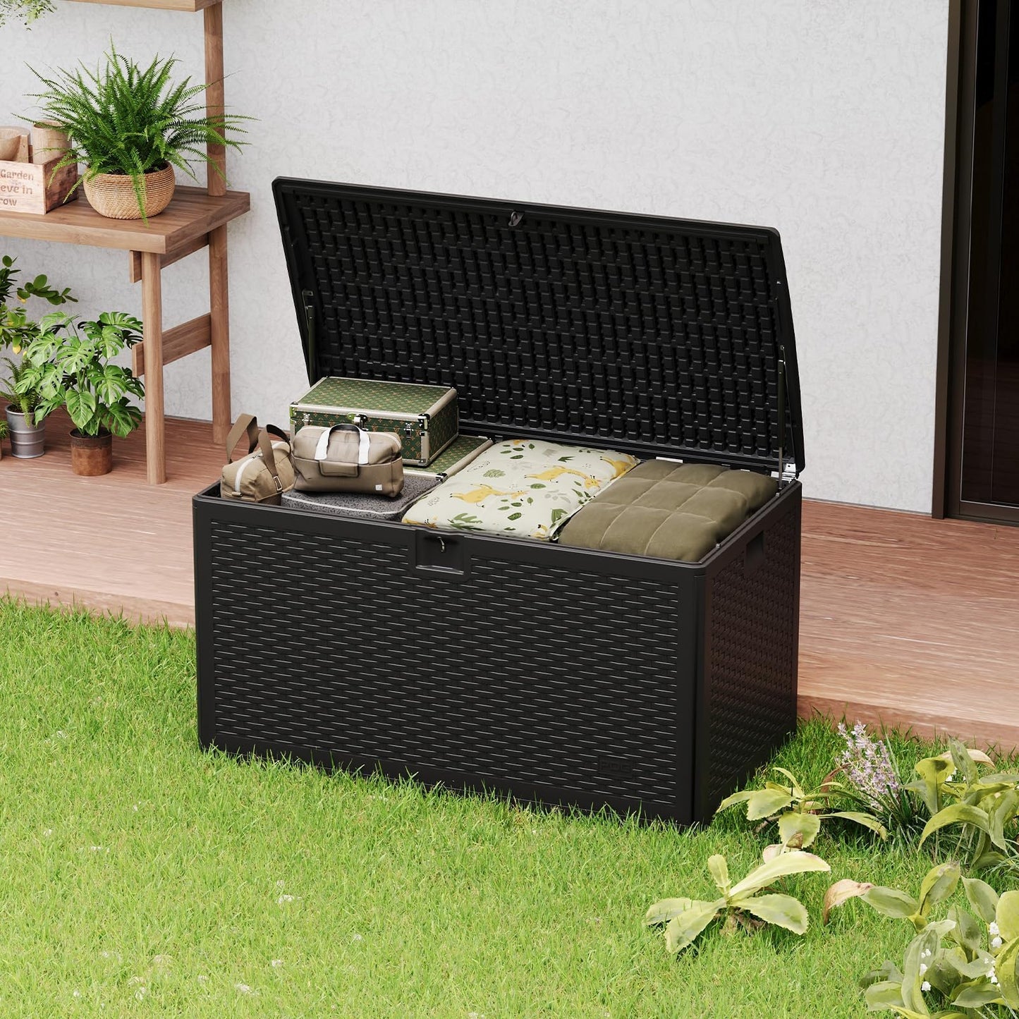 99 Gallon Waterproof Large Resin Deck Box Indoor Outdoor, Lockable Storage Container for Patio Furniture Cushions, Throw Pillows, Garden Tools, and Pool Floats Brown 50" L x 26" W x 25" H