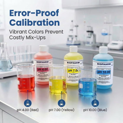 pH Buffer Calibration Solution 3-Pack: pH 4.00, pH 7.00, pH 10.00 Buffers — 500 mL (1.06 Pint) Each — Color Coded — NIST Traceable for All pH Meters