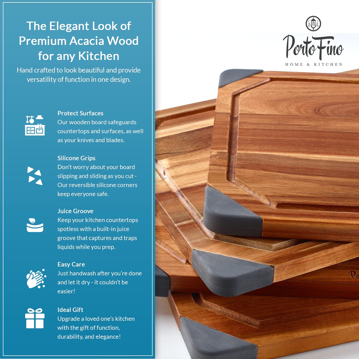 PortoFino Acacia Wood Cutting Board, 2-in-1 Reversible Cutting Board, Charcuterie Board, Premium Wood Serving Board, Built-In Juice Grooves, Non-slip Silicone Corners, Kitchen Gifts