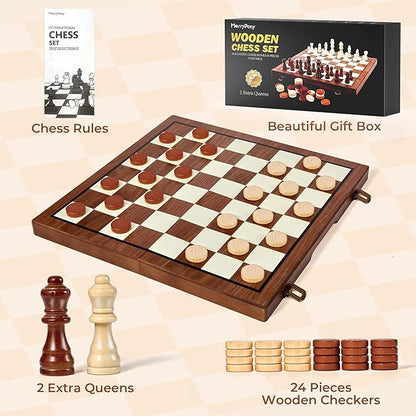 MerryPony 2 in 1 Wooden Chess and Checkers Set Magnetic – 15 inch Folding Board Game with Strong Magnetic Chess Pieces with 2 Extra Queens Portable Travel Beginner Chess Game Set for Adults Family