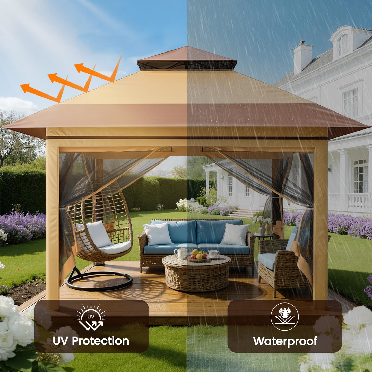 Driftalia 13x13 Pop Up Gazebo, Instant Outdoor Gazebo with Mosquito Netting, Vented Roof and Carry Bag for Patio, Garden & Backyard - Beige & Coffee