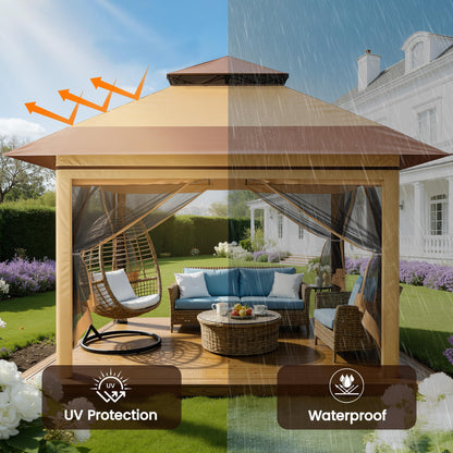 Driftalia 13x13 Pop Up Gazebo, Instant Outdoor Gazebo with Mosquito Netting, Vented Roof and Carry Bag for Patio, Garden & Backyard - Beige & Coffee