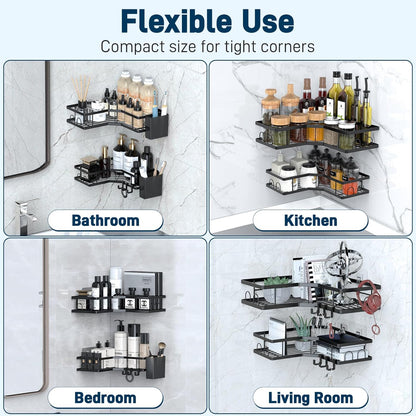 Sitlais Corner Shower Caddy - Rustproof Metal Wall-Mounted Shelves with Storage Boxes & Hooks | Durable Black, No-Drill Design