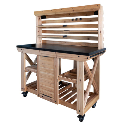 Backyard Discovery 48" Cedar Wood Buffet Hutch Serving Station with Galvanized Steel Countertop, Wine Rack, Wine Glass Rack, Trash Bin, Modular Shelves, Towel Bar, Drink and Food Prep, Indoor/Outdoor