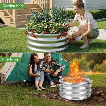 Permade Galvanized Raised Garden Bed- 2Pcs Metal Planter Boxes Outdoor | 12" Tall 24" Round Steel Raised Bed Kit & Fire Pit Ring for Gardening with Protective Tape for Vegetables, Flower (Sliver)