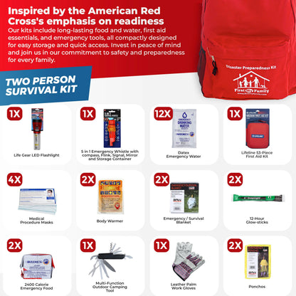 First My Family All-in-One Premium 2-Person Emergency Survival Kit | Hurricane & Earthquake Preparedness Supplies | Disaster Backpack with 72-Hour Survival Gear, First Aid, and More