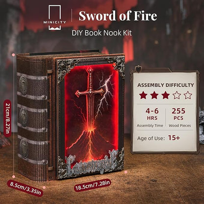 Book Nook Kit with LED Light Miniature House Kit for Birthday 3D Wooden Bookends Puzzle Bookshelf Decor for Adults Teens Beginners (The Sword of Fire)