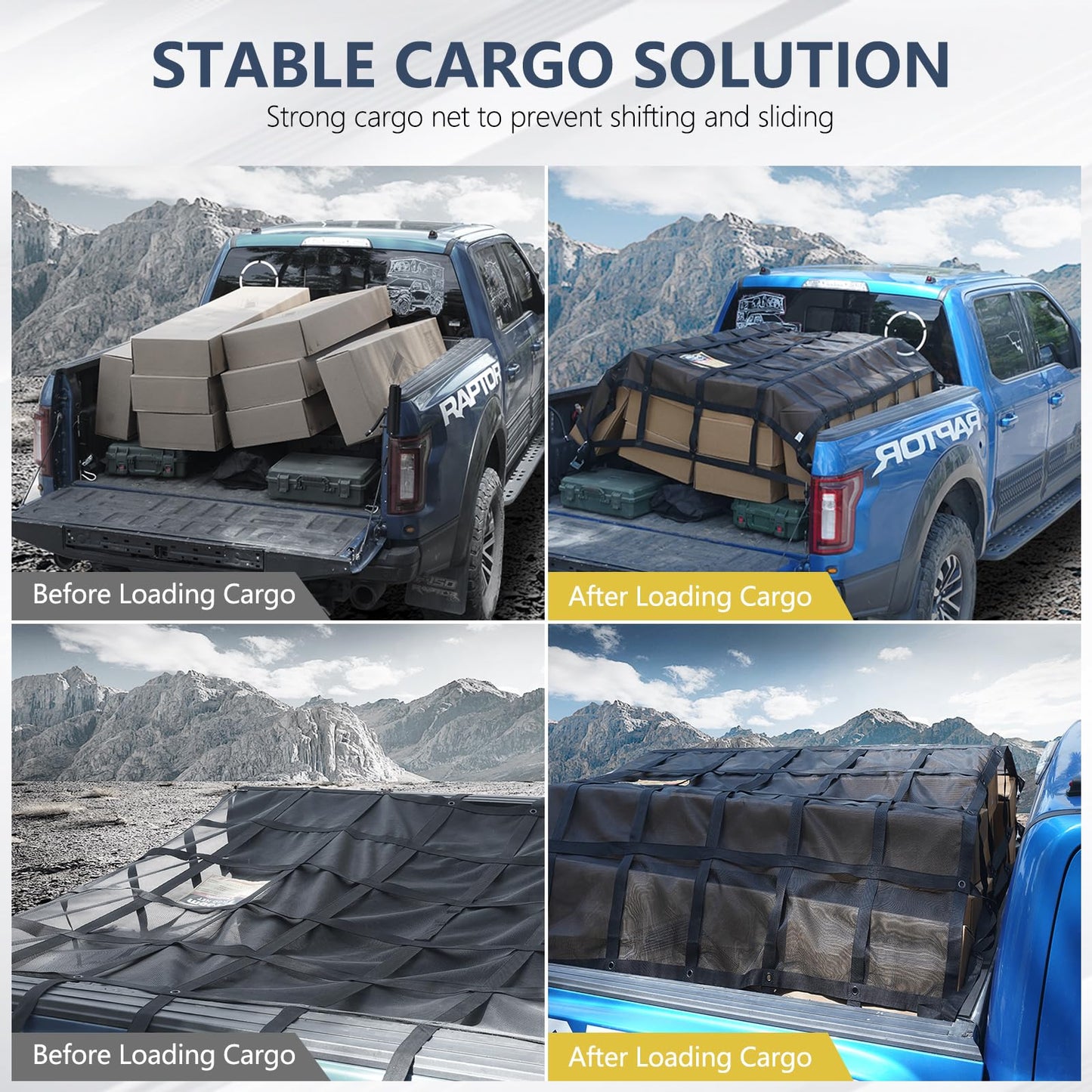 Tecoom Cargo Net with Mesh, 8.4 x 7.51ft 1,500 LBS Capacity Truck Bed Net for Trailer, Trucks, Boat, Jeep, Pickup, Heavy Duty Cargo Net with Adjustable Cam Buckles & S-Hooks & Cross Strap