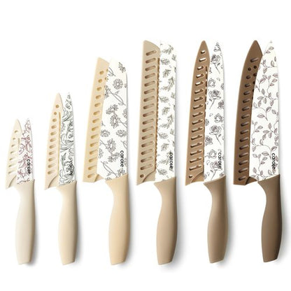 CAROTE 12PCS Knife Set, Kitchen Knife Set with 6 Blade Guards, Stainless Steel Knives Set With Nonstick Ceramic Coating, Rustproof, Delicate Floral Designs, White