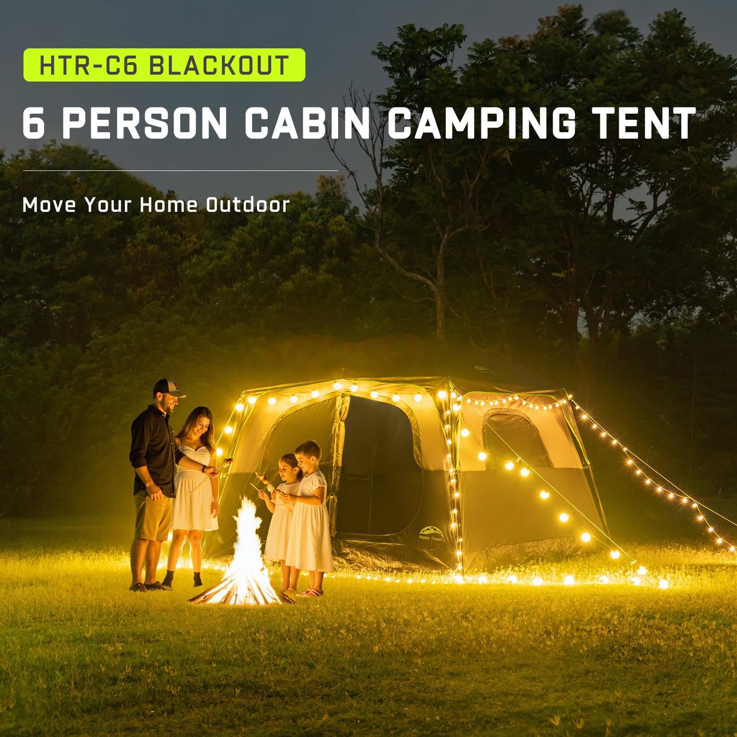 Happy Travel Tent 6 Person Blackout Camping Tent, Portable Easy Setup Cabin Tents with Dark Space Design, Light Blocking Tent with Top Rainfly for Outdoor Camping, Water-Resistant,10'L x 9'W x 79" H