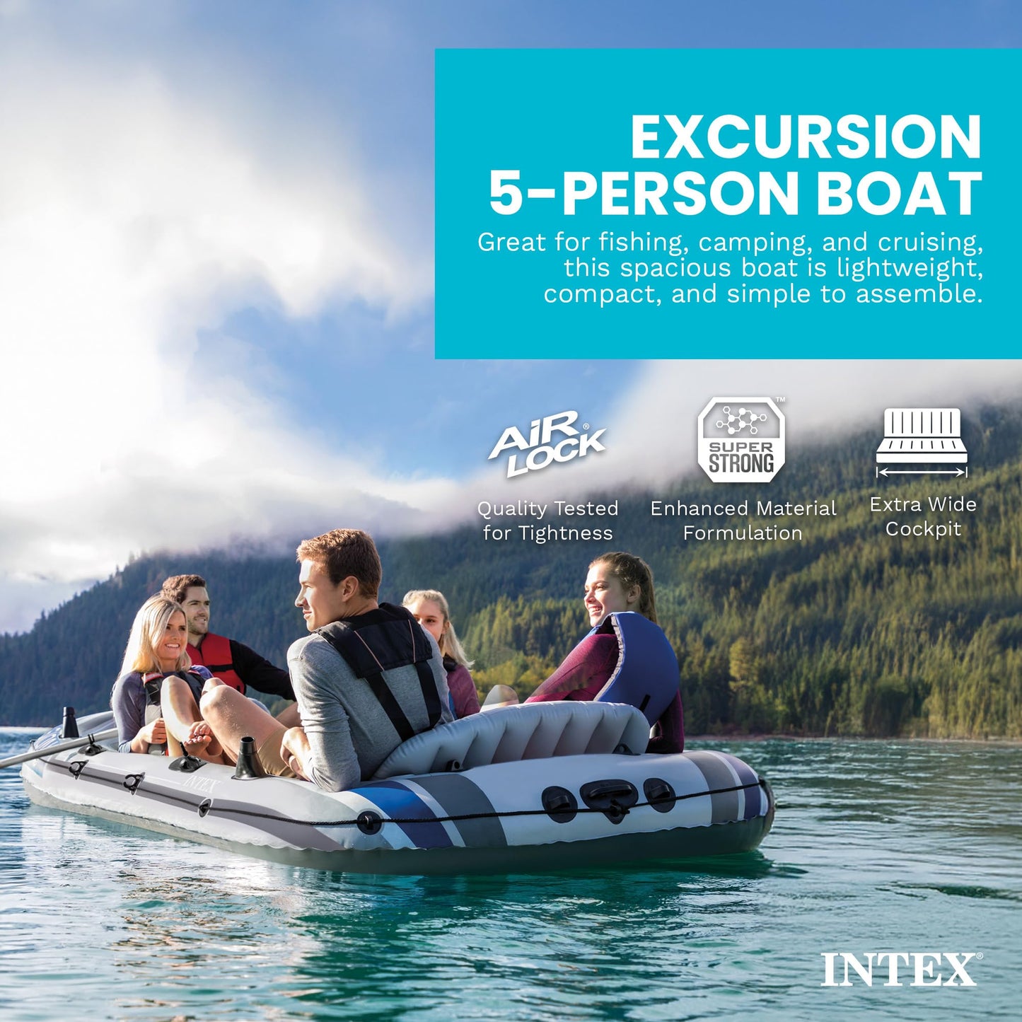 Intex Excursion 5 Person Inflatable Boat, Water Fishing River Raft Set w/ Oars - Large 1,300 Lb Capacity Portable Blow-Up 5 Seater Raft for Adults