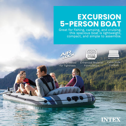 Intex Excursion 5 Person Inflatable Boat, Water Fishing River Raft Set w/ Oars - Large 1,300 Lb Capacity Portable Blow-Up 5 Seater Raft for Adults