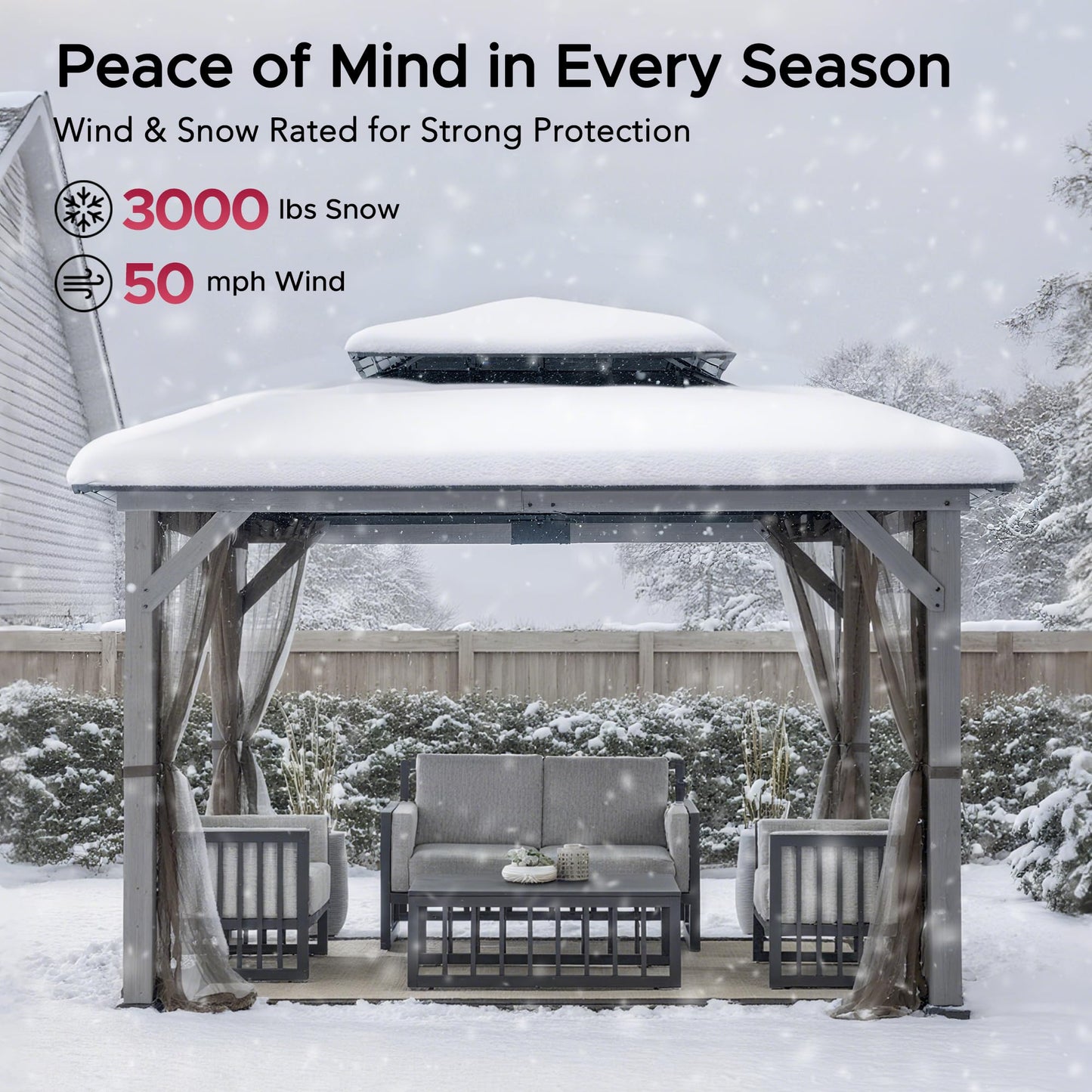 SUNJOY 10x12 Hardtop Wood Gazebo with Galvanized Steel Roof, LED String Lights & Mosquito Netting, Outdoor Permanent Pavilion Cedar Gazebo for Backyard, Garden, Patio, Deck, Lawn - Matte Black Roof