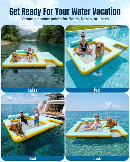 Inflatable Floating Dock for Dogs & Family Water Fun, 8FT/10FT Large Floating Island with Water Hammock and Easy-Access Dog Ramp, Portable Swim Platform for Lakes, Boats, Beaches and Pools