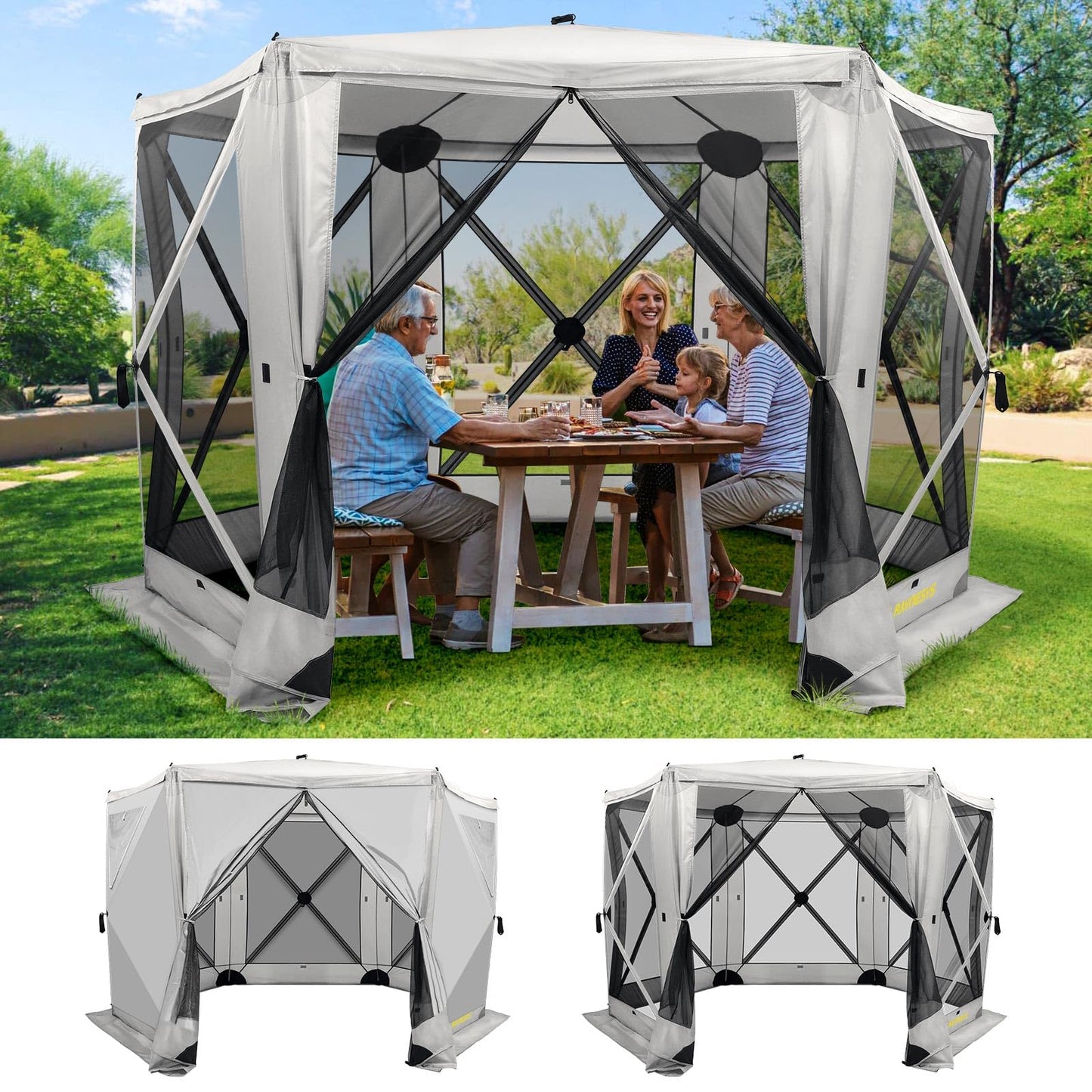 Raynesys 6 Sided Pop Up Gazebo Tent, Camping Screen Tent for 6-8 Person Foldable, Pop-Up Canopy Shelter with Mesh Windows, UV Resistant, Quick Set, Outdoor Gazebo with 6 Removable Wind Cloths, Gray