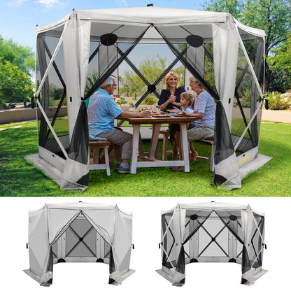Raynesys 6 Sided Pop Up Gazebo Tent, Camping Screen Tent for 6-8 Person Foldable, Pop-Up Canopy Shelter with Mesh Windows, UV Resistant, Quick Set, Outdoor Gazebo with 6 Removable Wind Cloths, Gray