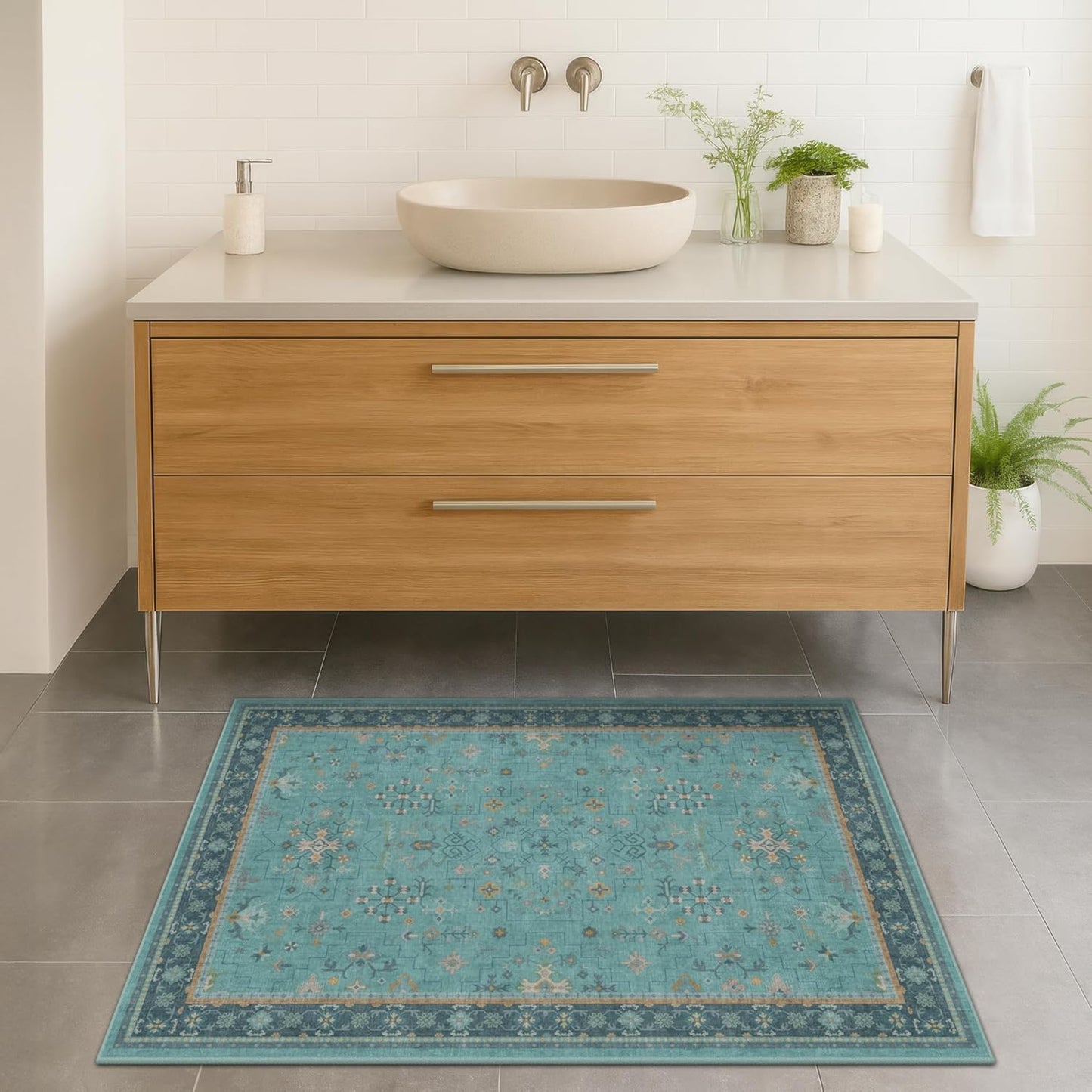 Skiennix 2x4 Washable Teal Throw Rug - Non-Slip Boho Floral Indoor Carpet for Entryway & Bathroom