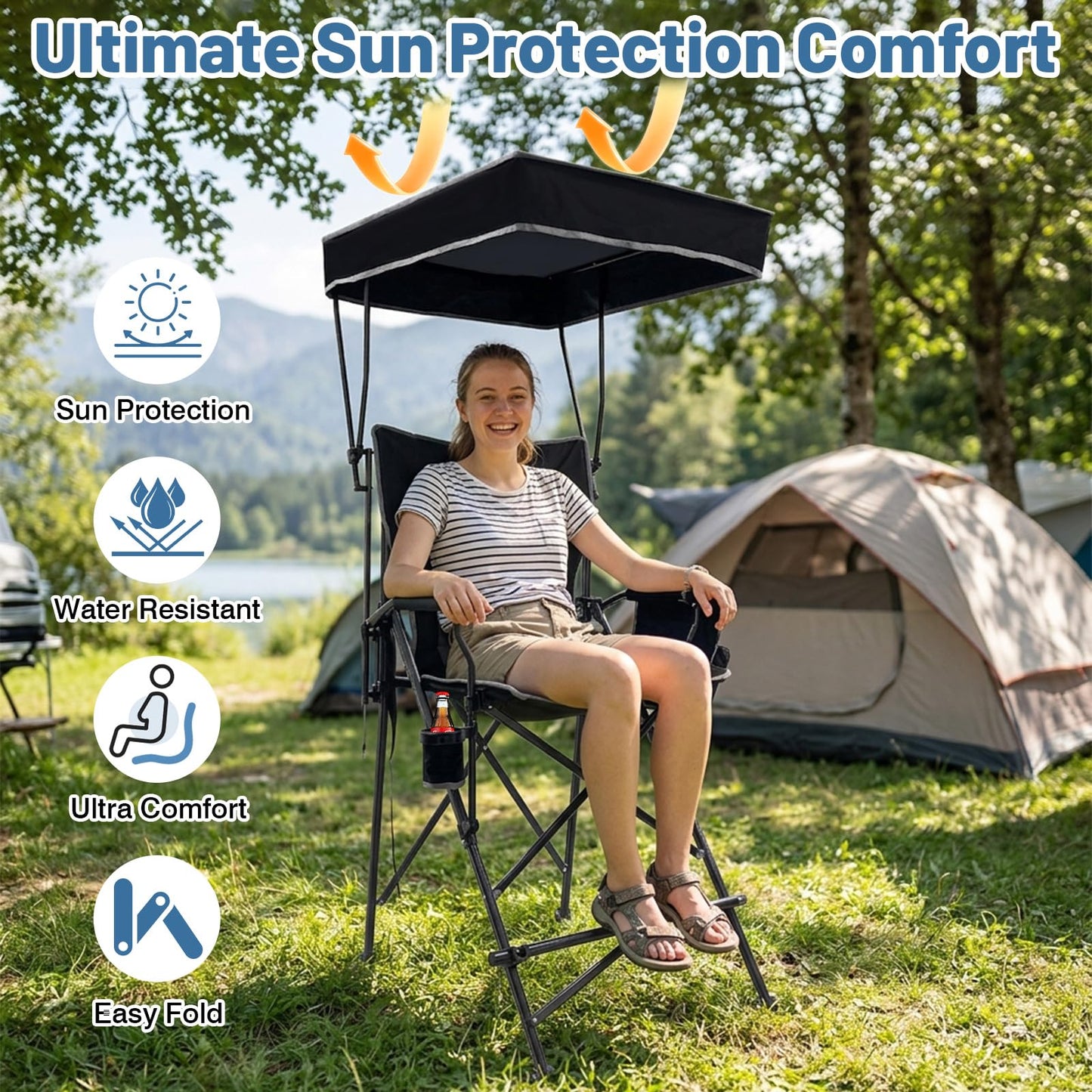 WKFAMOUT 27" Tall Folding Director Chair Oversized with Canopy Shade for Adults Heavy Duty Camping Chair Portable with Footrest & Carry Bag Supports 300 lbs