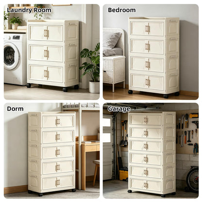 FoldTrend 5 Tier Foldable Storage Cabinet with Lids, 313QT Large Premium PP Storage Organizer with Magnetic Doors and Wheels, Heavy Duty White Storage Bins for Home, Office, Kitchen, Dorm