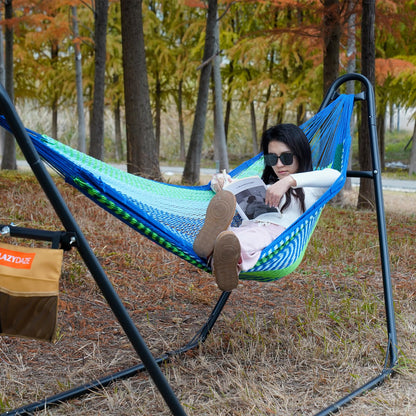 Lazy Daze Hammocks Handwoven Mayan Hammock with Heavy Duty Steel Stand, 10.5 FT Soft Rope Double Hammock for Patio Outside, 550 lbs Weight Capacity, Blue/Green