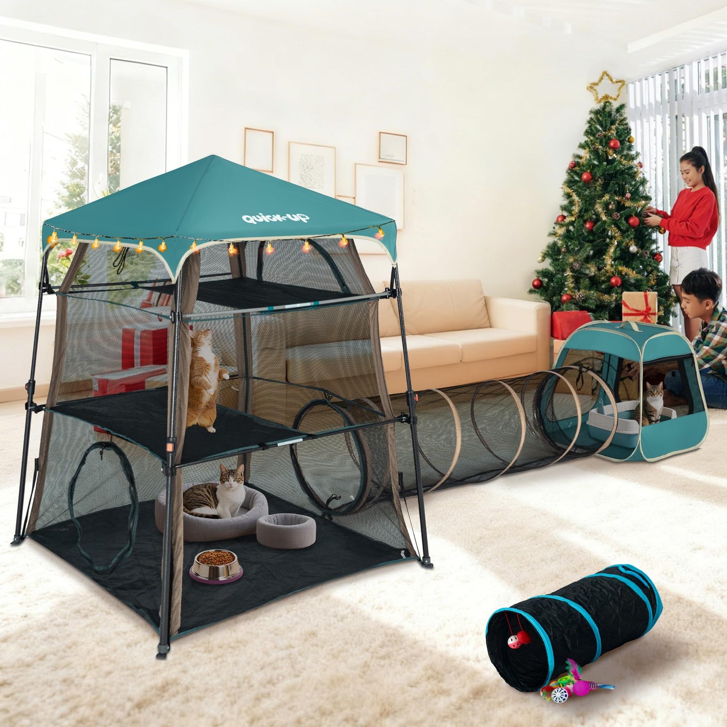 Catio Outdoor Cat Enclosure Combo for Indoor and Outdoor,3 Tier Cage Inside,Outdoor Catio,Portable and Foldable(Includes one cat Tower Tent,one Tunnel and one cage) + cat Tunnel(2 Packs)