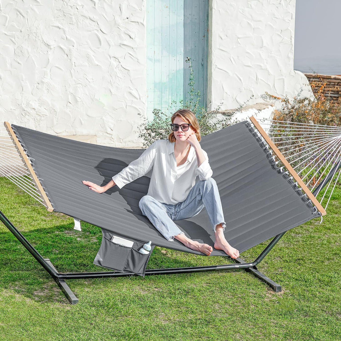 GAFETE 2 Person Hammock with Stand for Outside, Heavy Duty Steel Stand, 55inch Double Hammocks, Large Removable Pillow, Storage Bags, Max 475 lbs Capacity (Haze Gray)