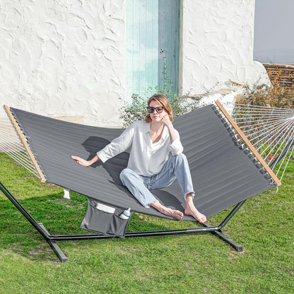 GAFETE 2 Person Hammock with Stand for Outside, Heavy Duty Steel Stand, 55inch Double Hammocks, Large Removable Pillow, Storage Bags, Max 475 lbs Capacity (Haze Gray)