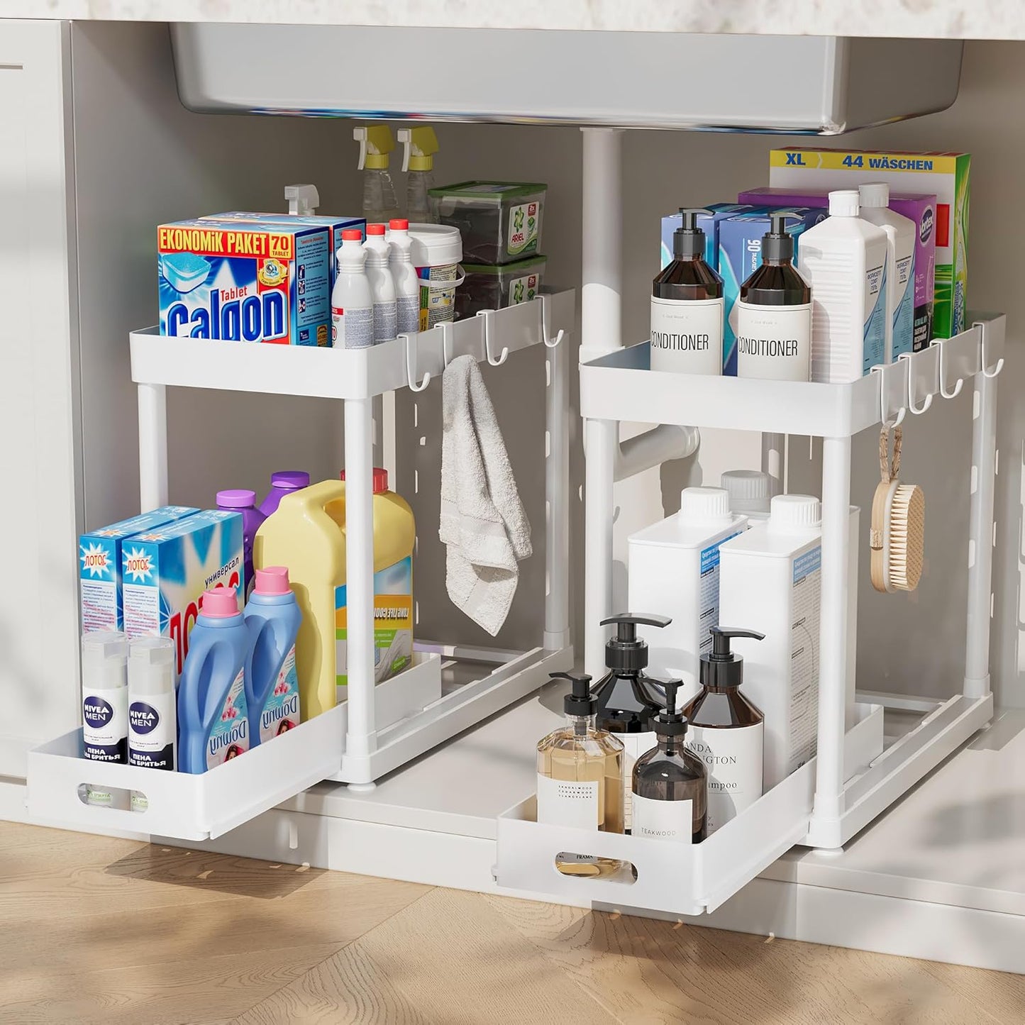 Skiennix Pull-Out Storage Organizers - Multi-Purpose Under Sink Solution for Bathroom & Kitchen | Black, 2 Pack