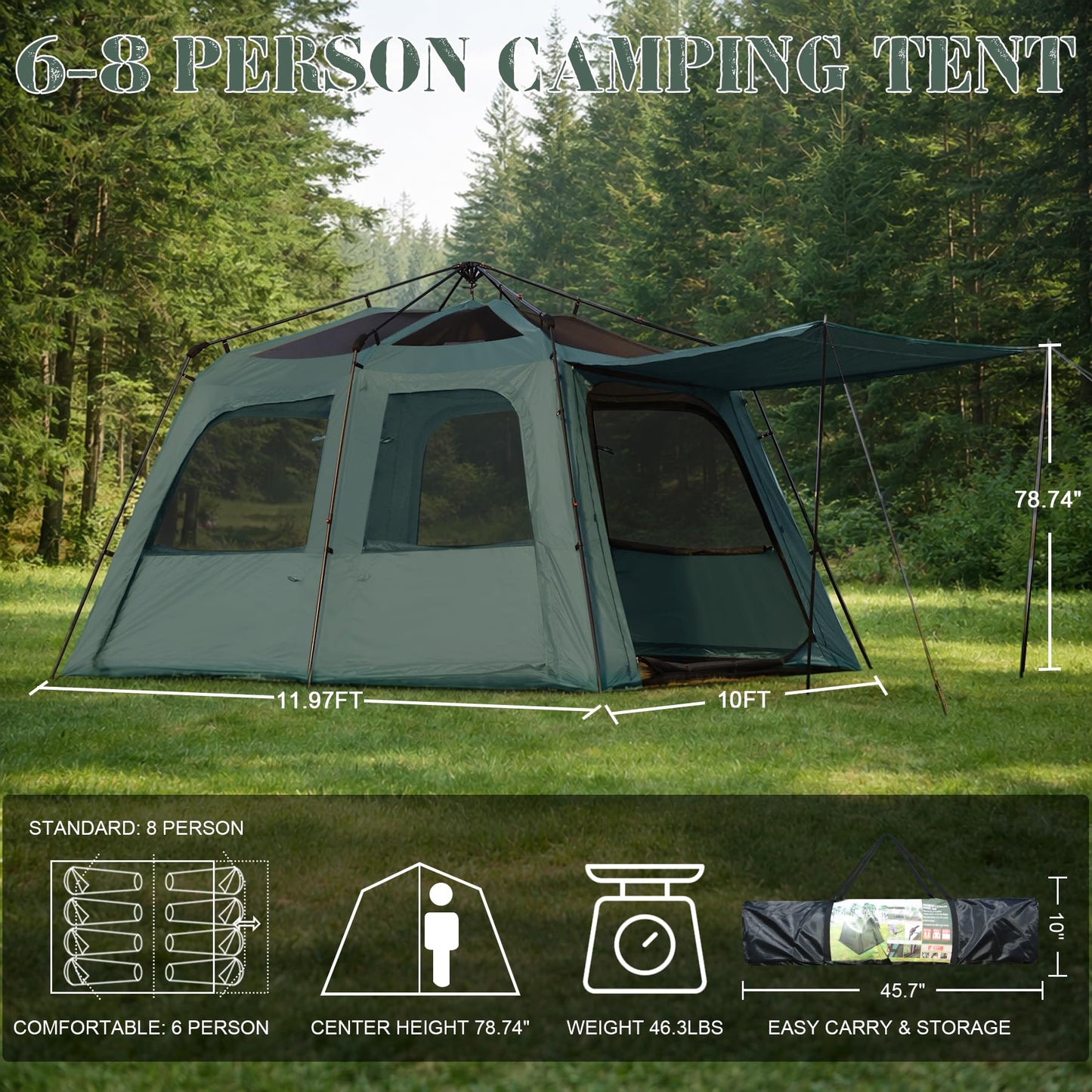 Castle Unicorn Instant 6-8 Person Camping Tent with Porch, Large Family Cabin Tent with 2 Rooms, Tall & Spacious 60s Easy Setup, Waterproof Glamping Tent, Big Tents for Outdoor Camping Hiking Backyard