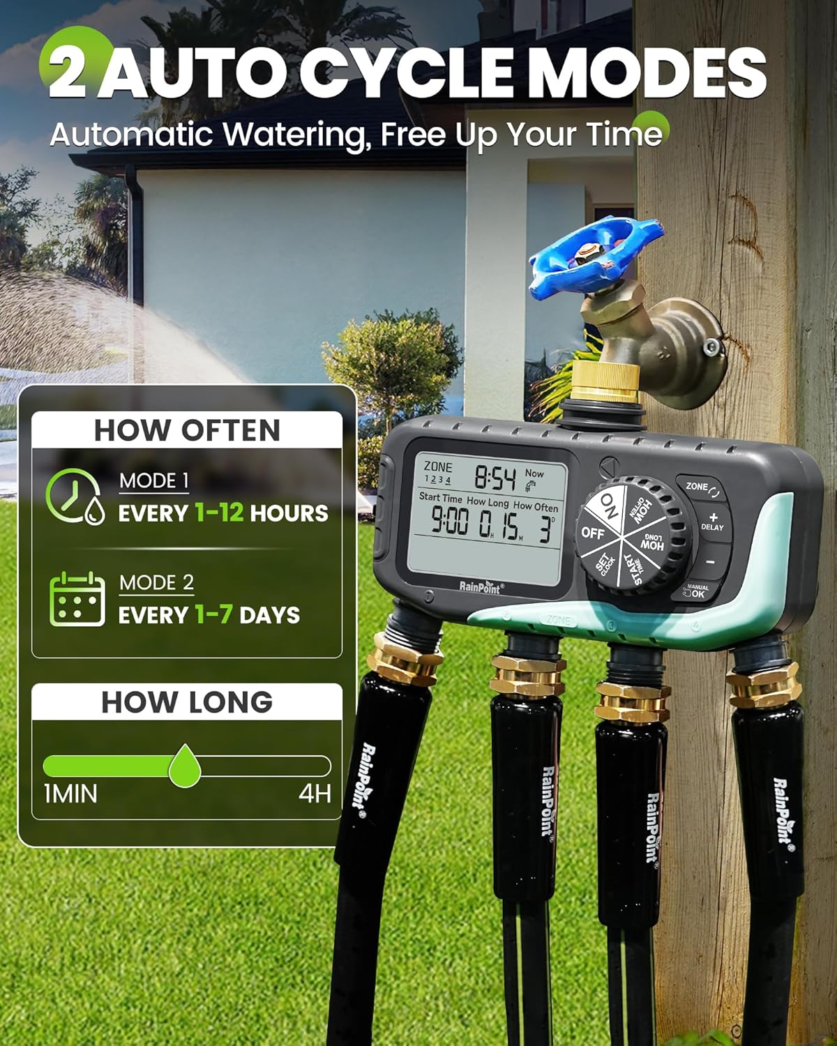 RAINPOINT 4-Zone Sprinkler Timer - Digital Watering System with Rain Delay & Manual Control for Garden Hose