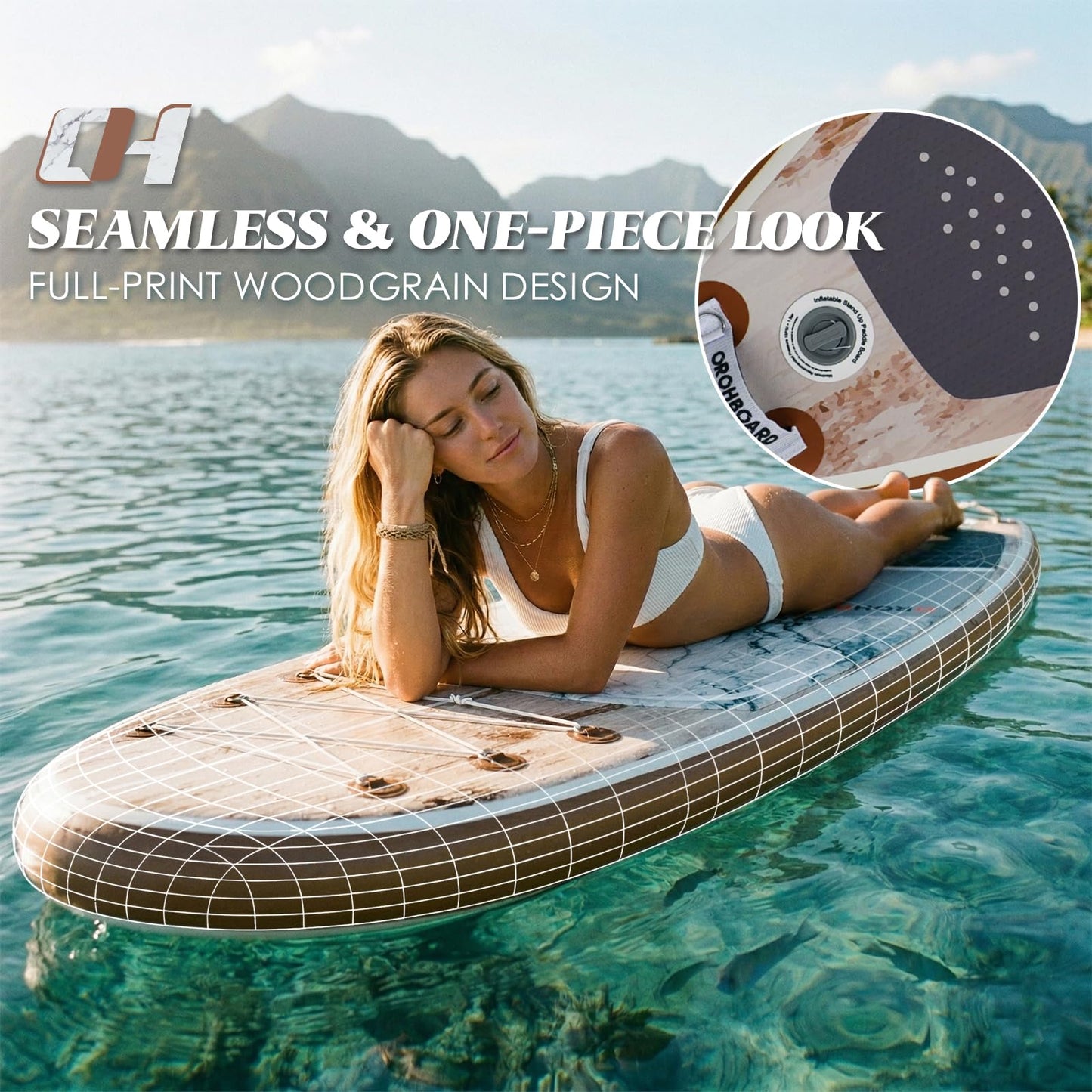 Inflatable Paddle Board, 10'6" x 32" Sup Board with High-Density Brushed Anti-Slip Deck, Double Scratch & Wear Resistance Full-Print Woodgrain Design, All-Around Stand Up Paddle Board